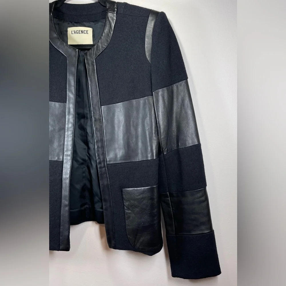 NWOT L’Agence Women’s Harper Leather and Wool Contrast Blazer in‎ Black Size 2